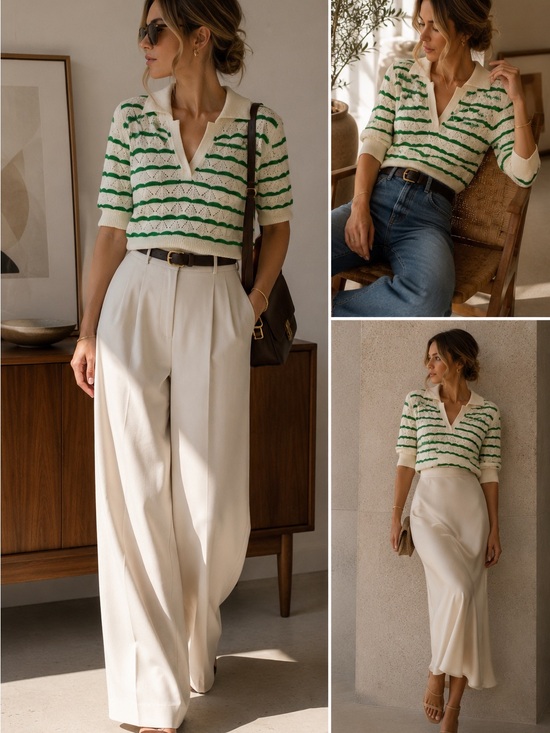Sandro Tops - Sandro Paris Pointelle Knit Polo Sweater – Green & Ivory Striped – Size 1